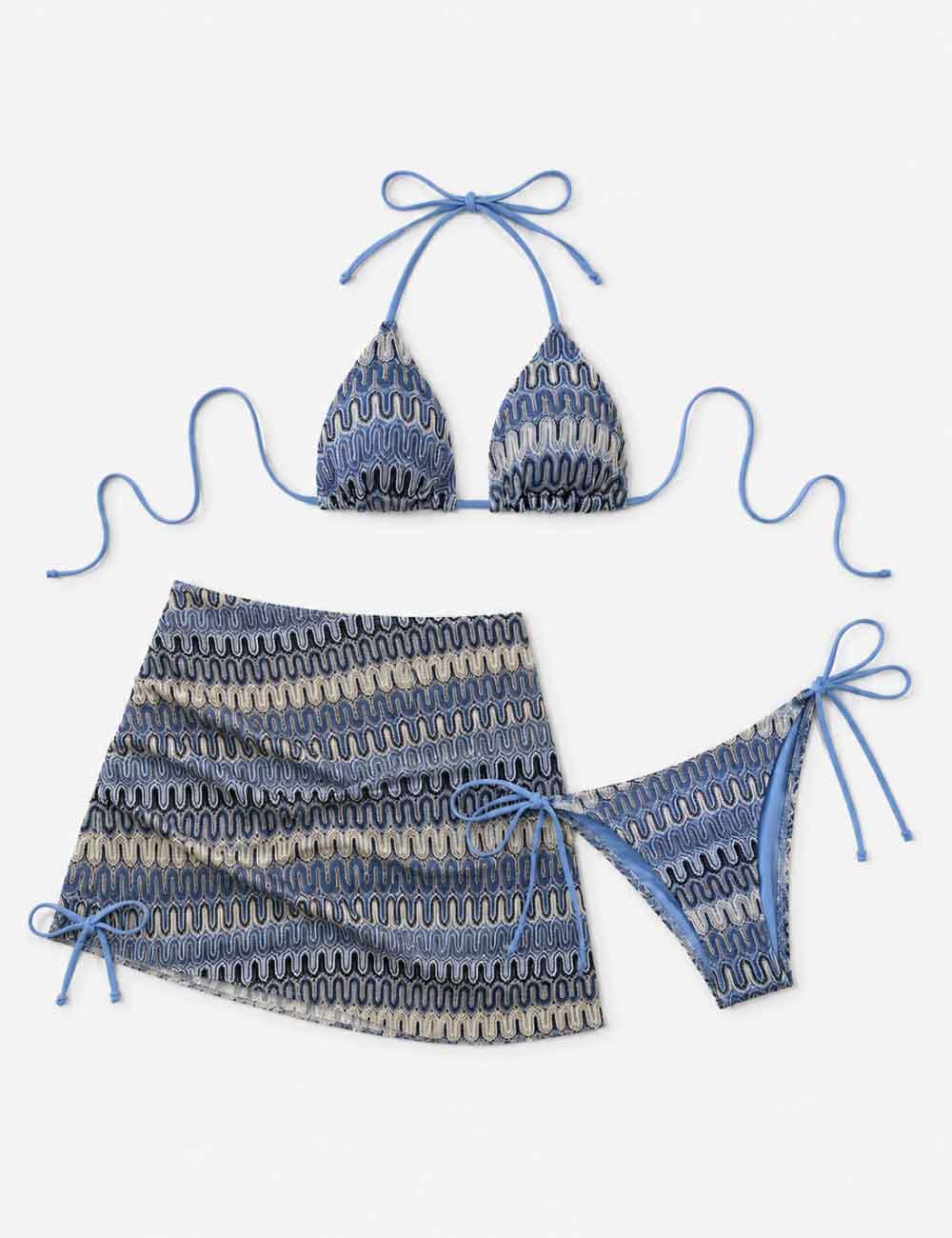 Ladies Wave Striped Knit Triangle Bikini Set with Cover Up Skirt