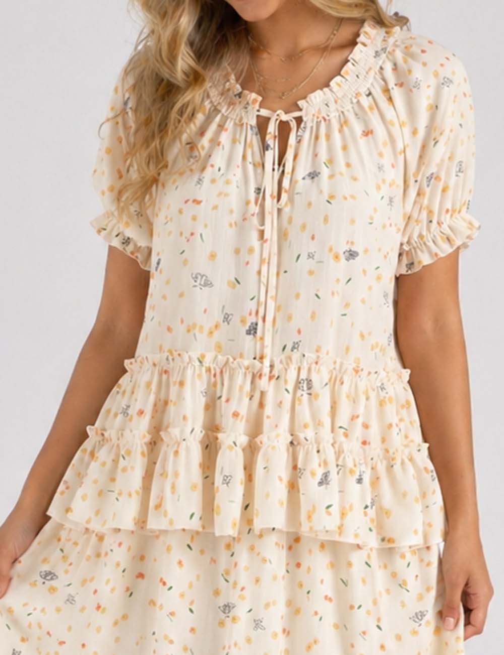 Ladies Floral Print Ruffle Hem Tie Neck Short Sleeves Babydoll Blouse