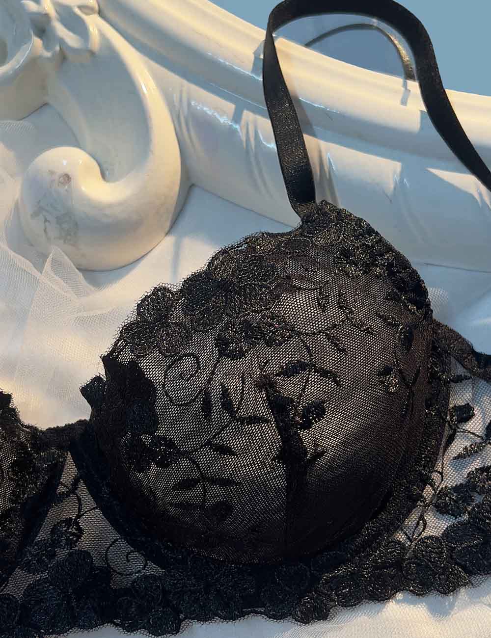Ladies Sexy Solid Color Embroidery Sheer 2PCS Lingerie Set