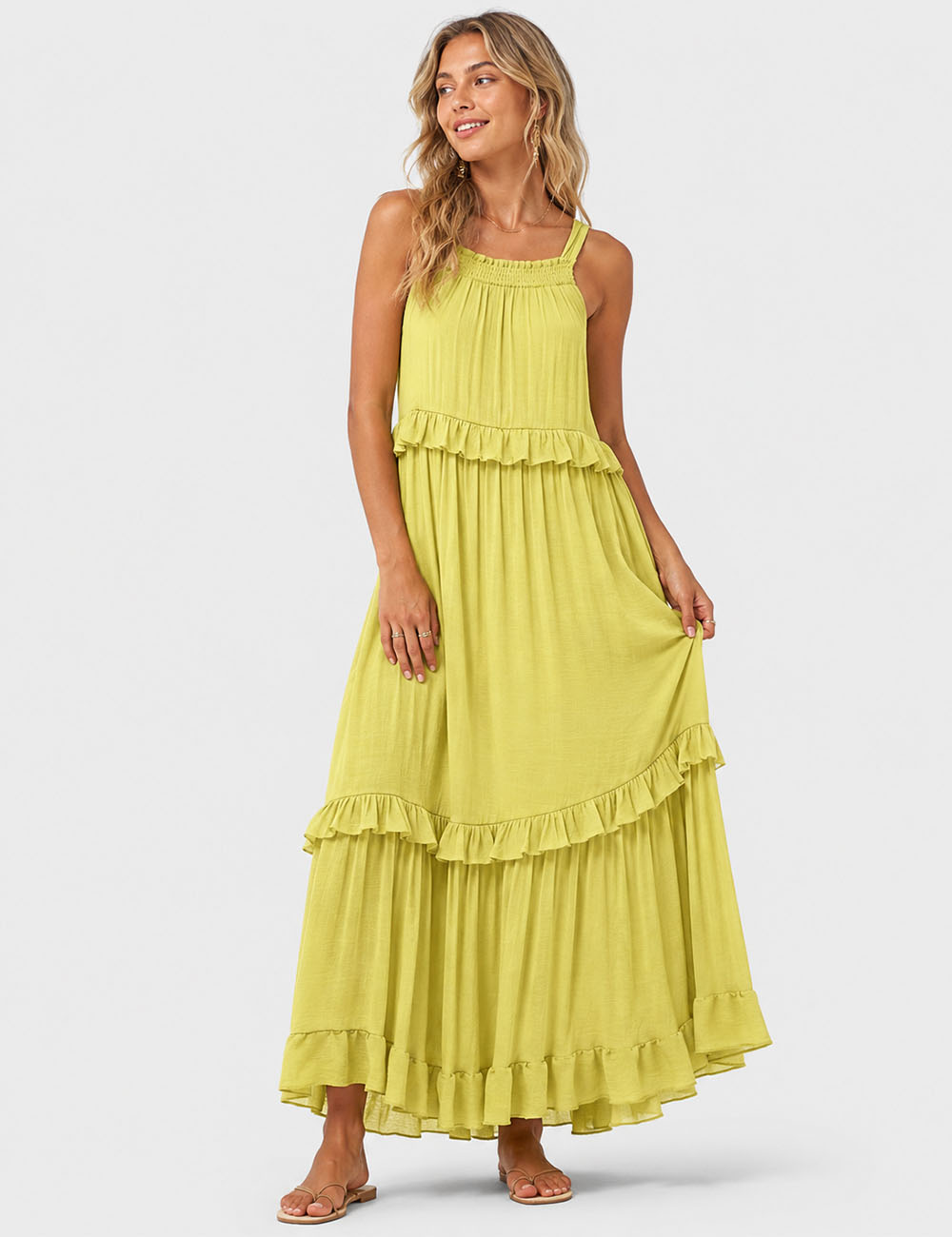 Ladies Boho Ruffle Tiered Hem Sleeveless Solid Color Maxi Dress