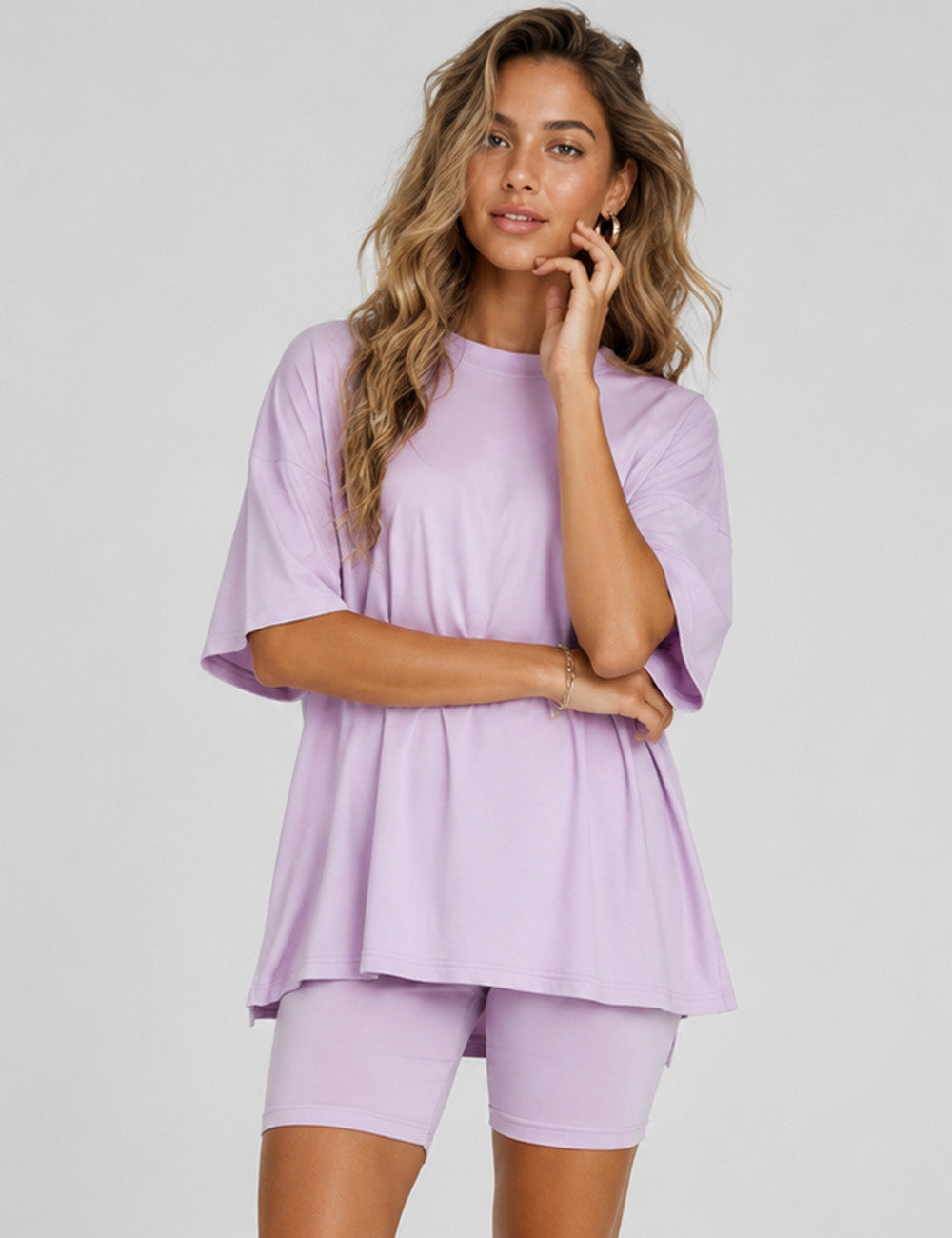 Ladies Solid Loungewear Outfits Loose Top & Slim Shorts Set