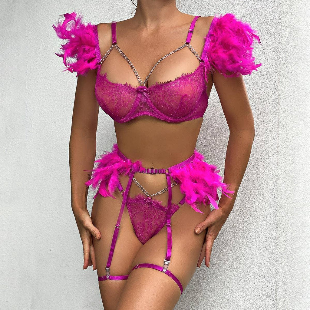 Feather Lace Lingerie Set with Garter Belt