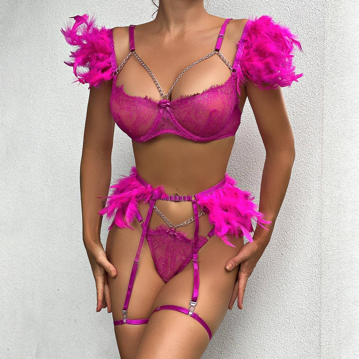Feather Lace Lingerie Set with Garter Belt