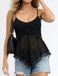 Ladies Sheer Mesh Lace Hem Spaghetti Strap Cami Top