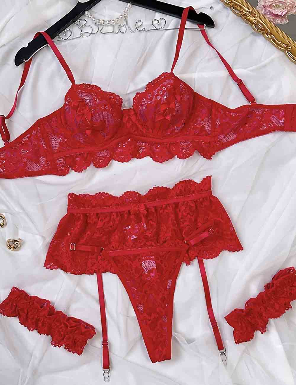 Ladies Floral Lace See Through 3PCS Lingerie Set 8HF1129