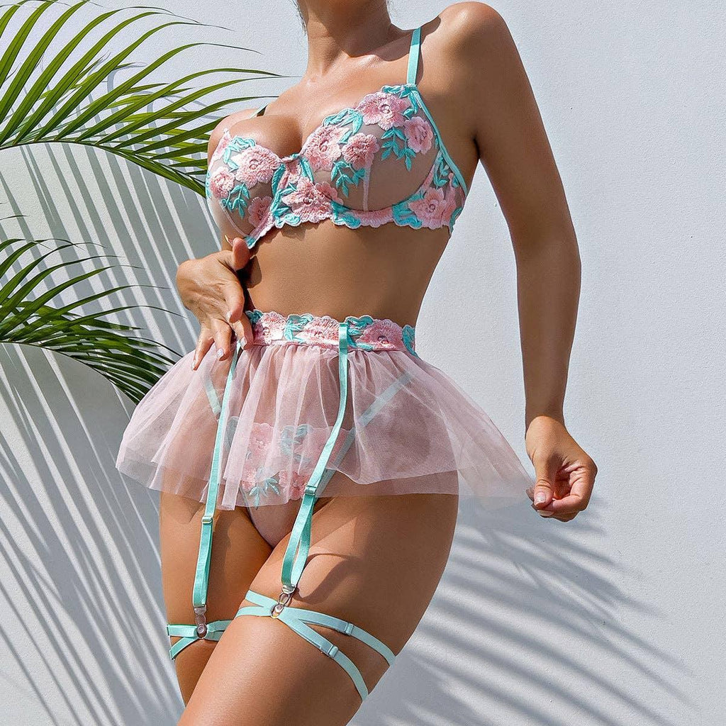 Floral Embroidery Sexy Lingerie Set with Garter