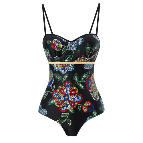 Floral Print Multicolor One Piece Swimwear with Cover