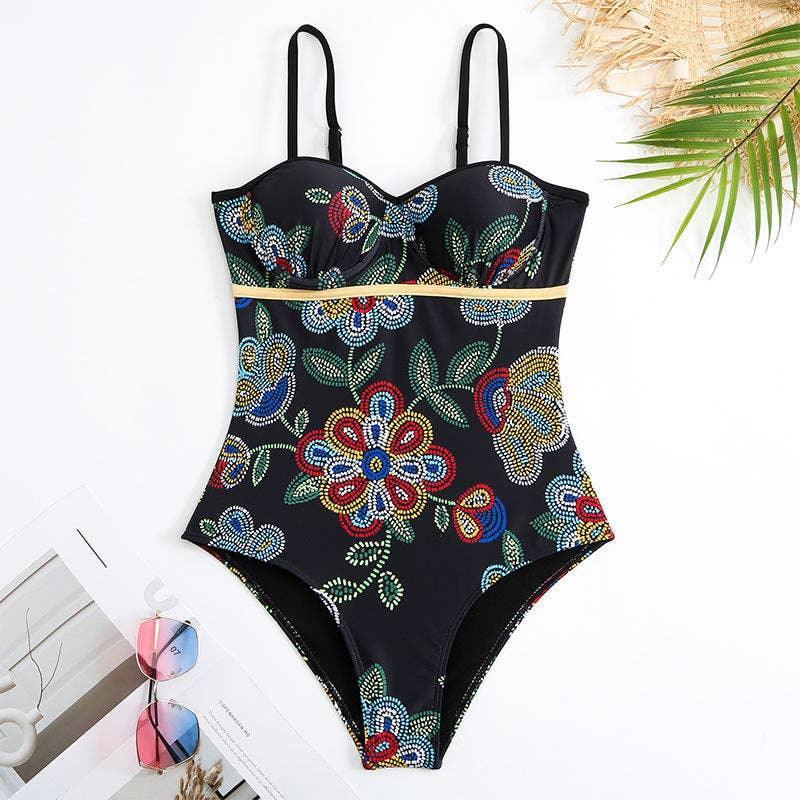 Floral Print Multicolor One Piece Swimwear with Cover