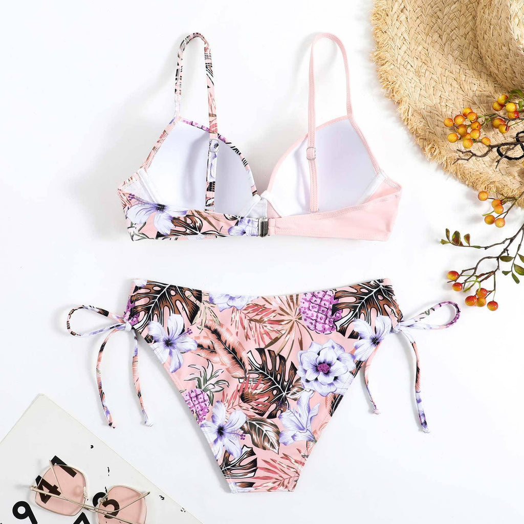 Floral Print String Tie Bottom 2PCS Bikini Set