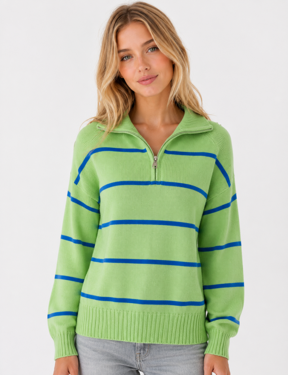 Ladies Horizontal Stripe Half Zip Collar Knit Sweater