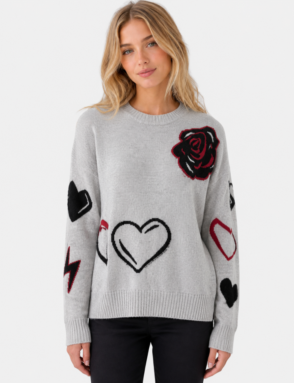 Ladies Heart Music Note Jacquard Crew Neck Knit Sweater