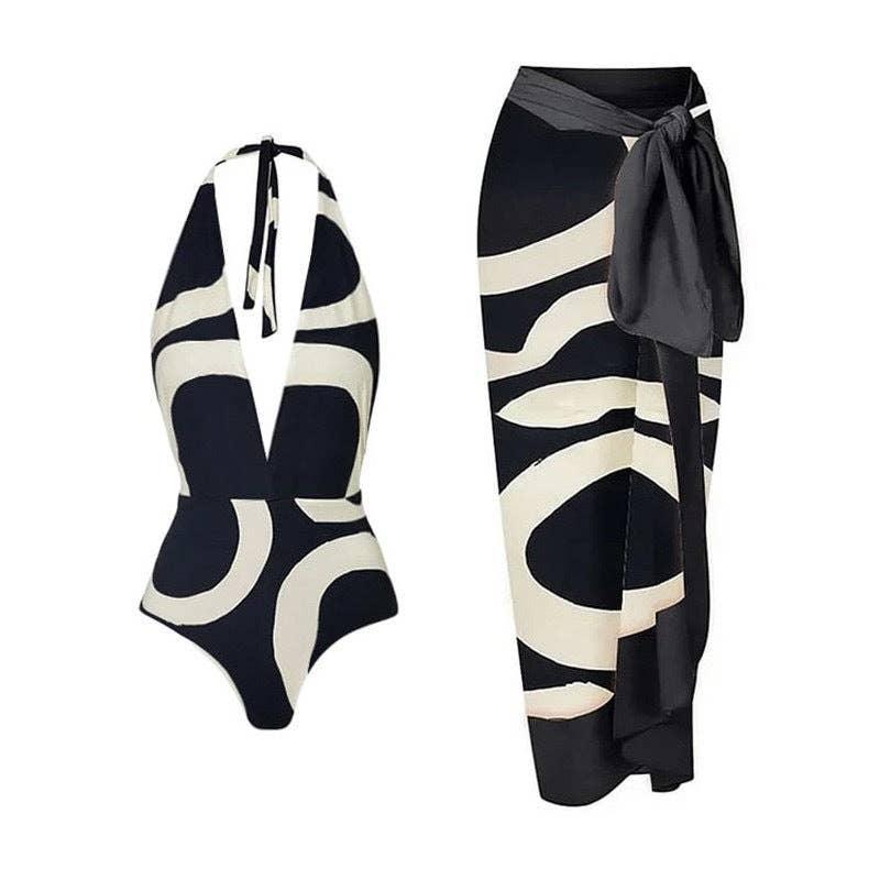 Inregular Circle One Piece Swimwear with Wrap Cover
