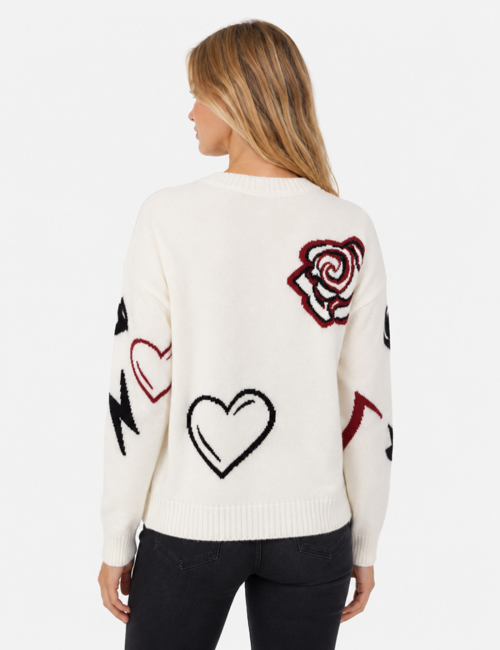 Ladies Heart Music Note Jacquard Crew Neck Knit Sweater
