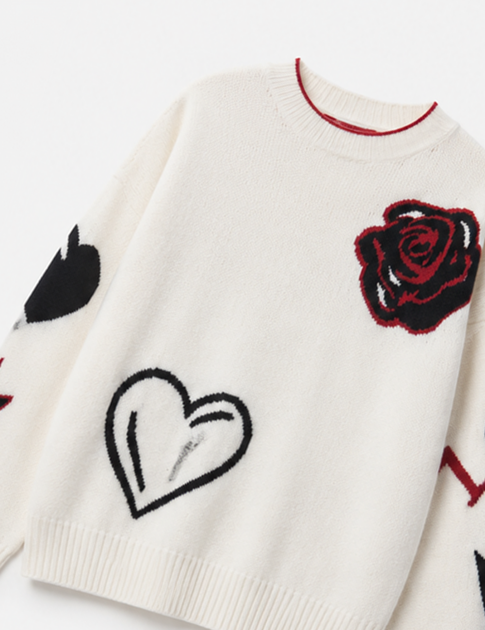 Ladies Heart Music Note Jacquard Crew Neck Knit Sweater