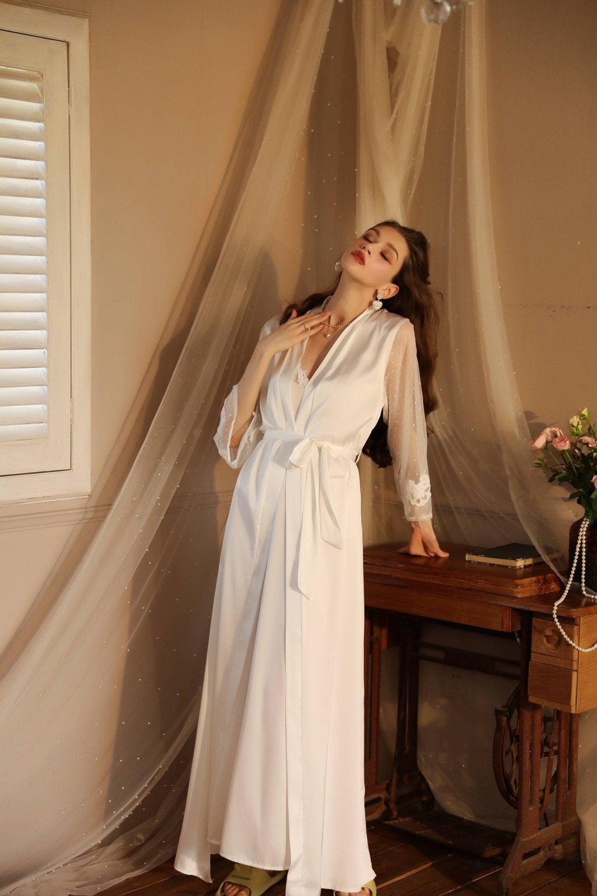 SWEETKAMA Lace Night Gown, Silk Robes,Bridal Party Robes,with Babydoll