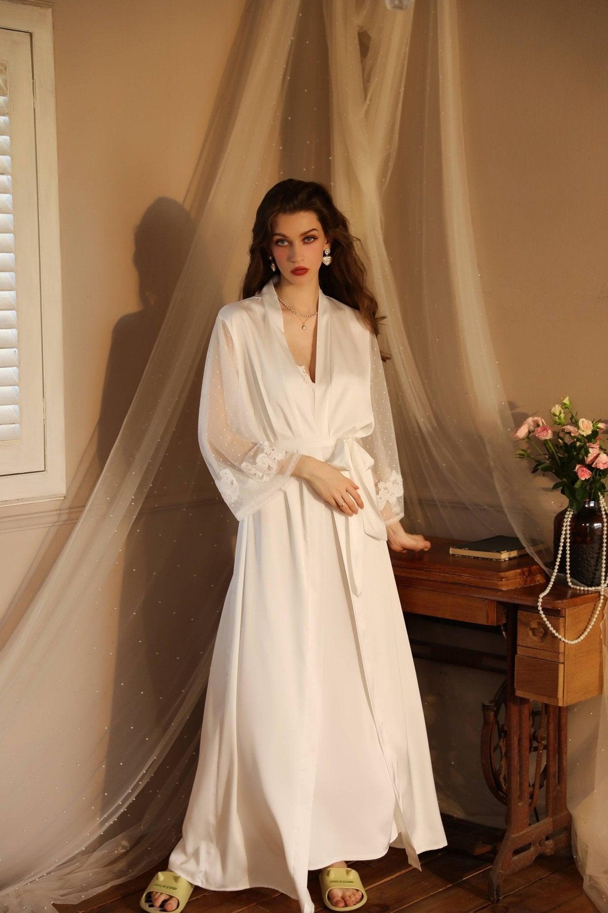 SWEETKAMA Lace Night Gown, Silk Robes,Bridal Party Robes,with Babydoll