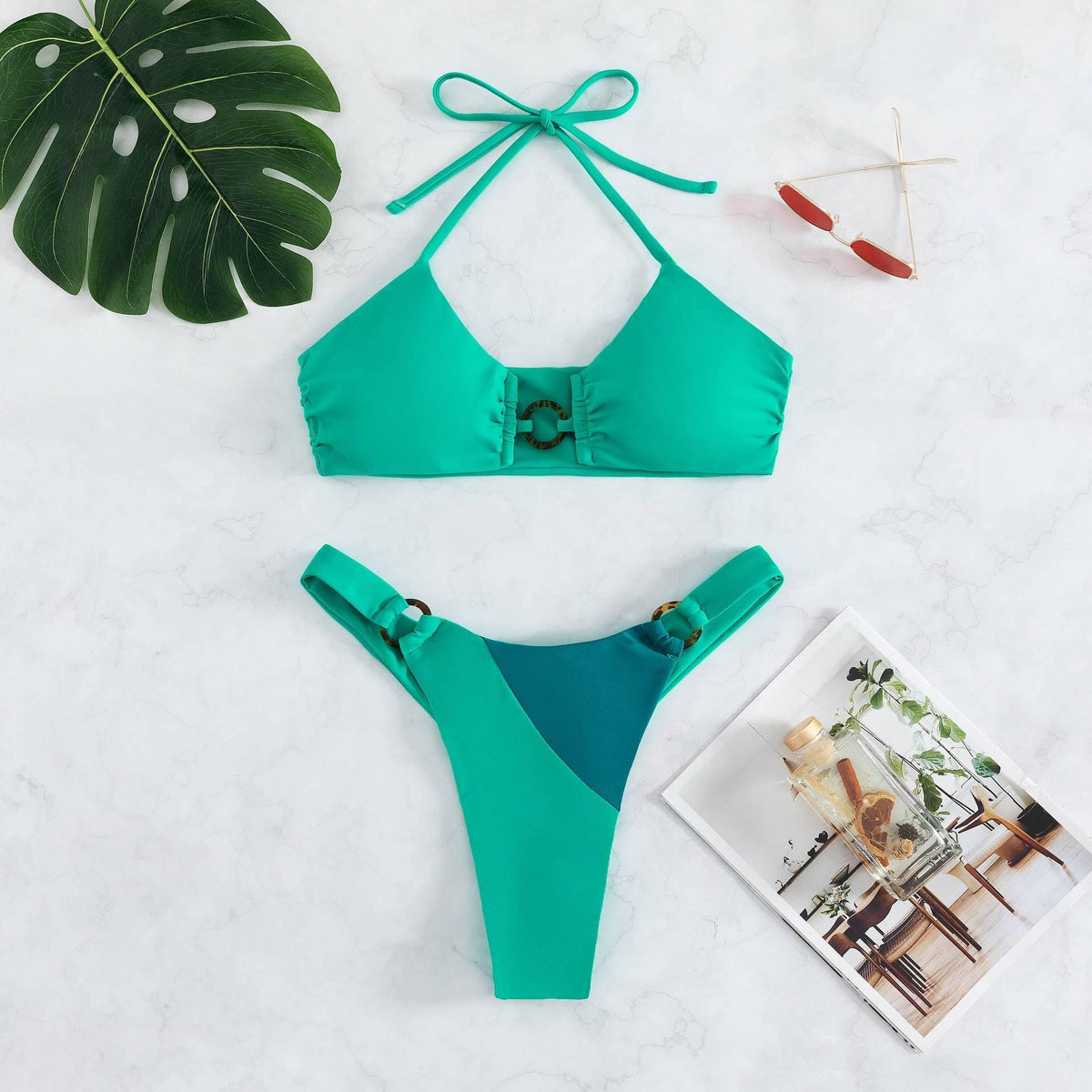 Ladies Color Block Halter Triangle 2PCS Bikini Set 3036