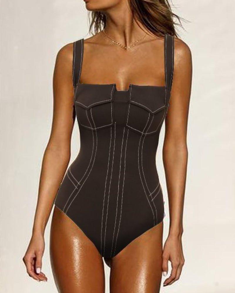 Ladies Color Block One Piece Swimwear with Pants Y361