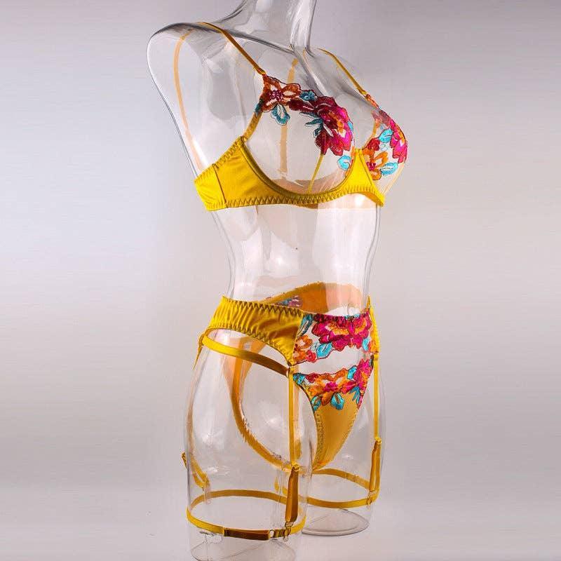 Ladies Floral Embroidery Lingerie Set with Garter Belt