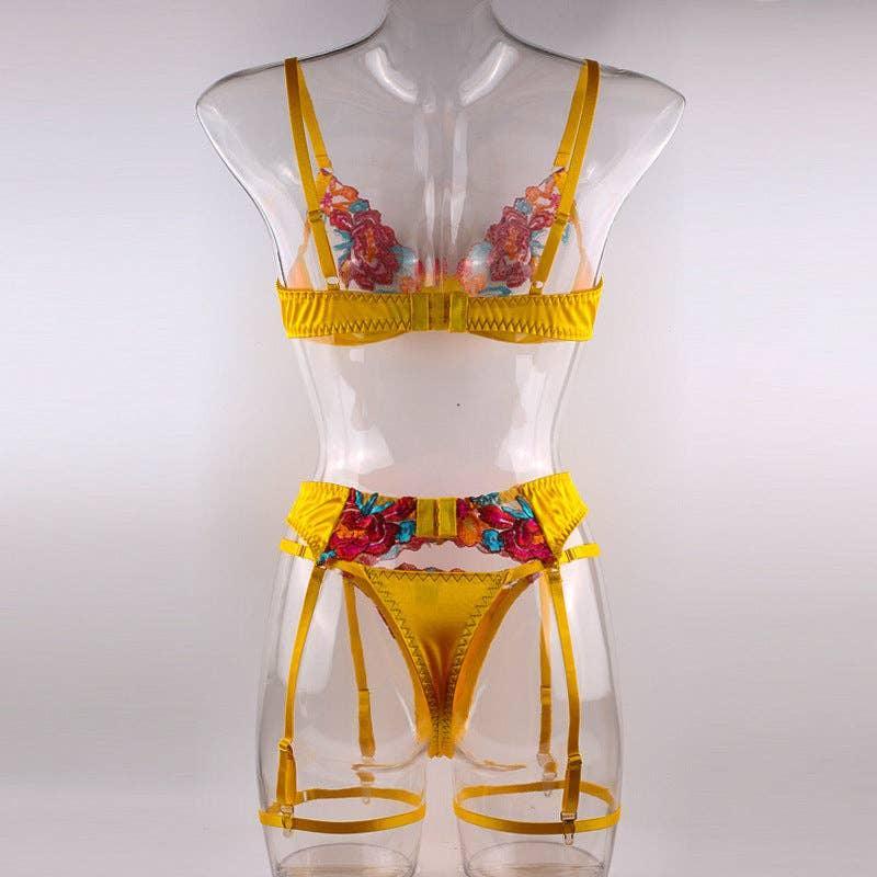 Ladies Floral Embroidery Lingerie Set with Garter Belt