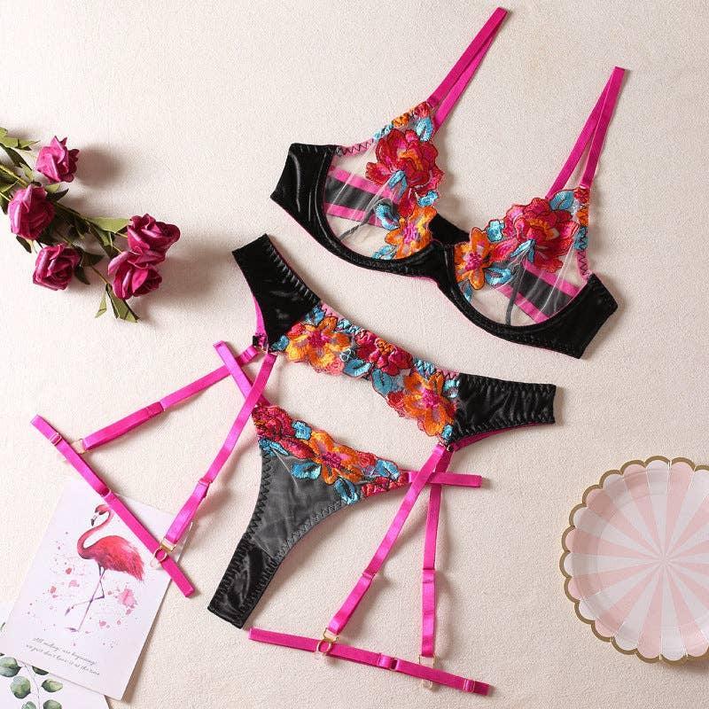 Ladies Floral Embroidery Lingerie Set with Garter Belt