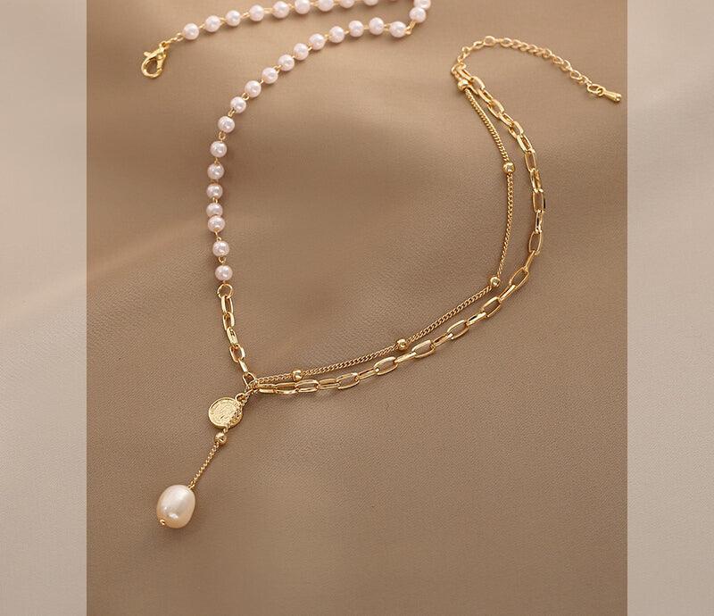 Ladies Lux Golden Beads and Pearl Necklace SKAJ001