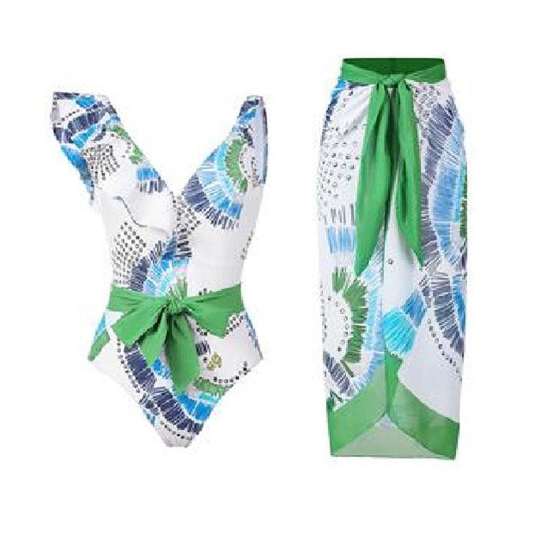 Ladies Ruffles One Piece Swimwear with Skirt Cover Y100