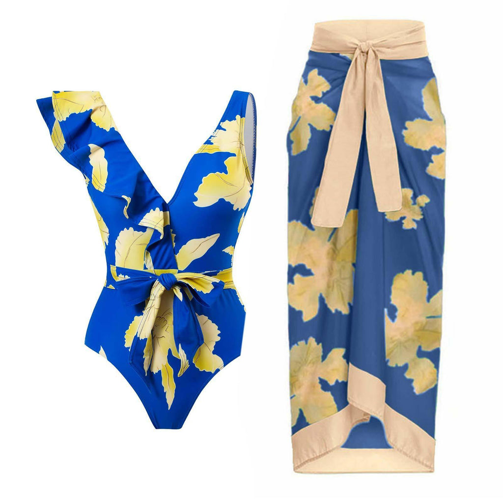 Ladies Ruffles One Piece Swimwear with Skirt Cover Y100