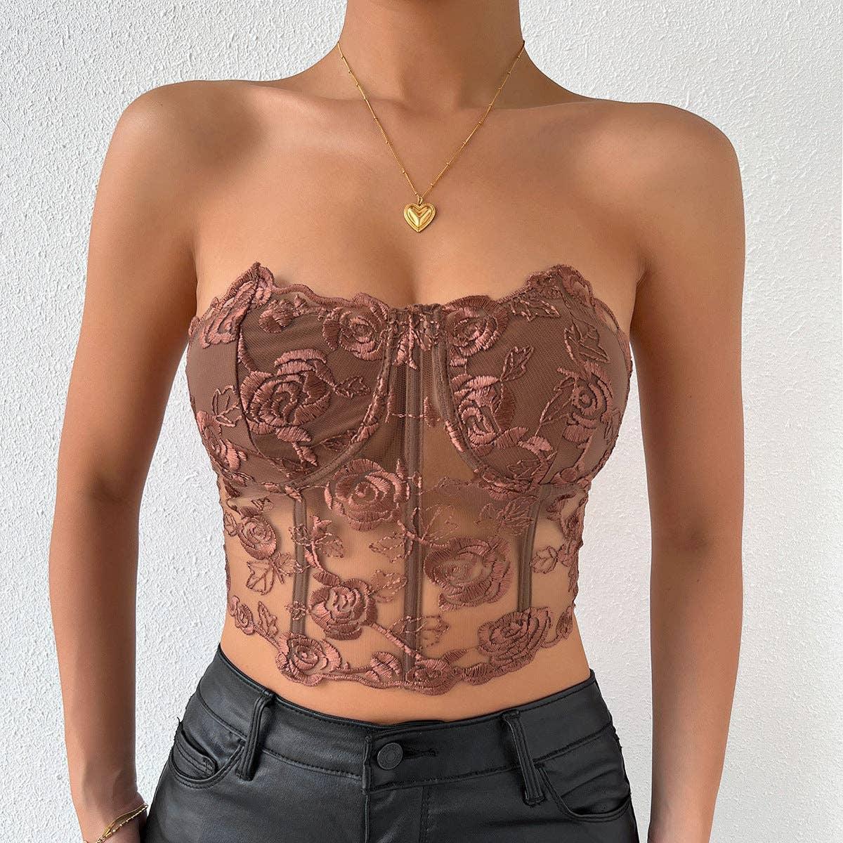 Ladies Sexy Rose Lace Strapless Corset