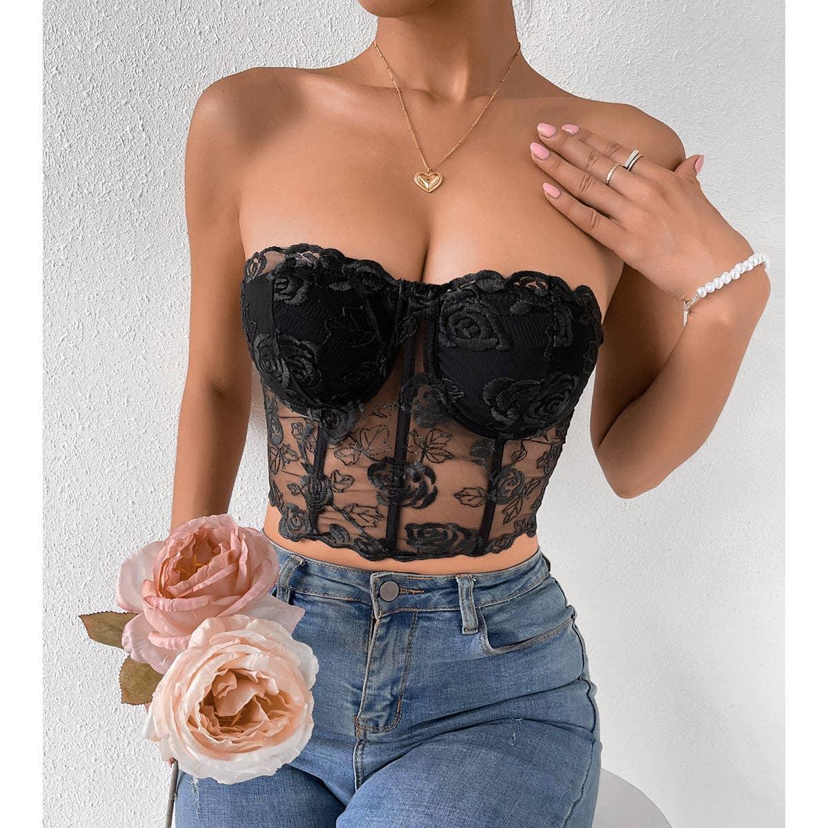 Ladies Sexy Rose Lace Strapless Corset