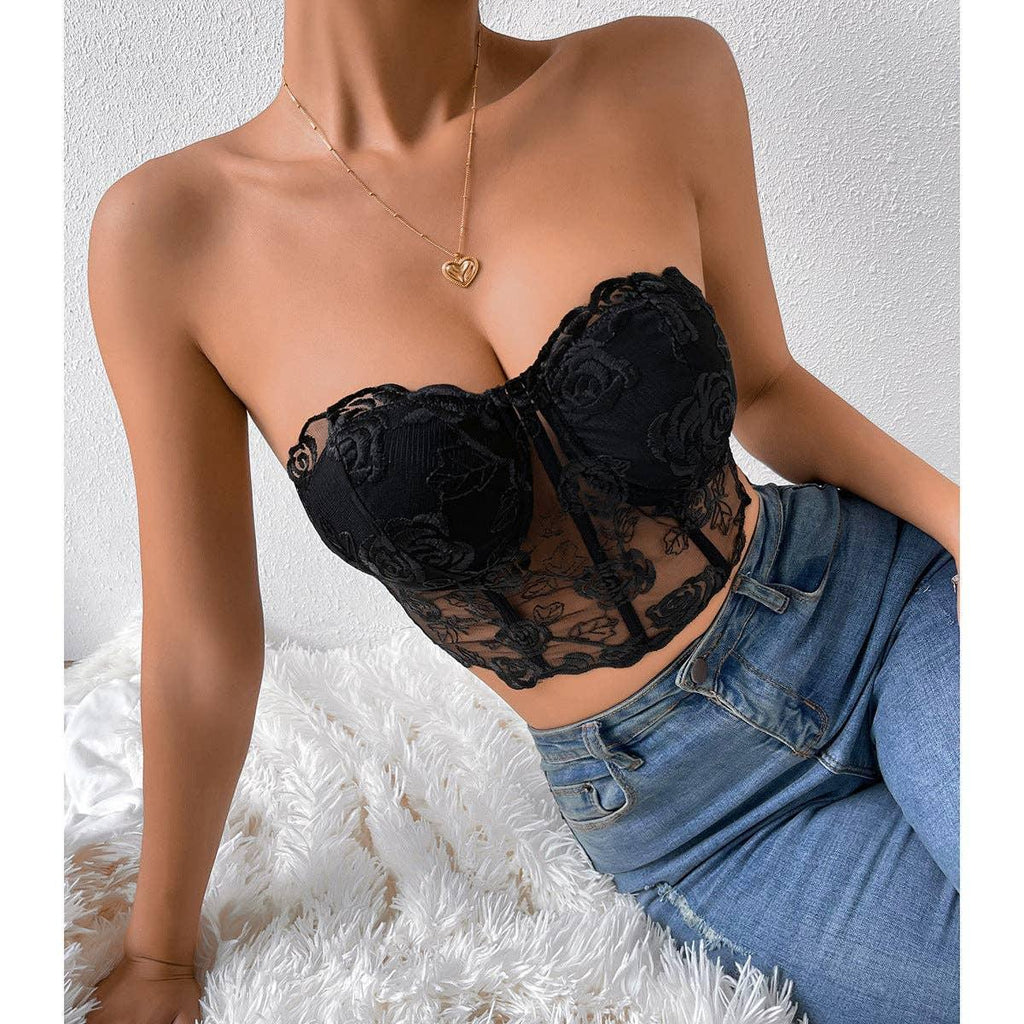 Ladies Sexy Rose Lace Strapless Corset