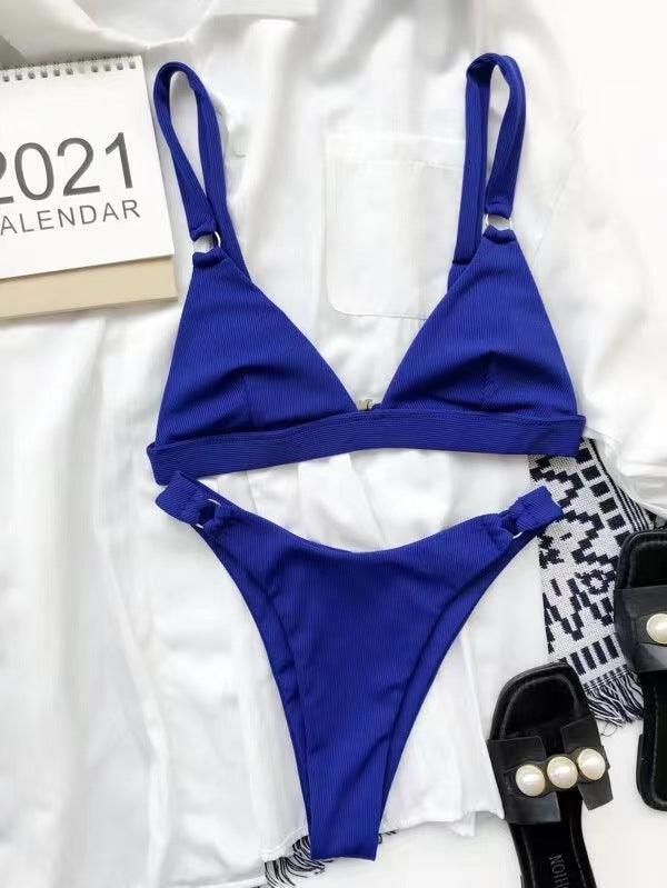 Ladies Solid Color Shoulder Straps Bikini Set 8BK3WST318