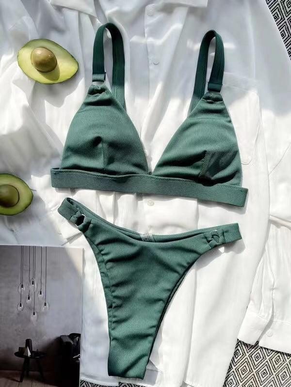 Ladies Solid Color Shoulder Straps Bikini Set 8BK3WST318