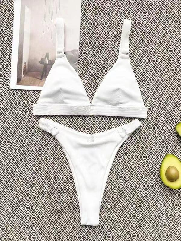 Ladies Solid Color Shoulder Straps Bikini Set 8BK3WST318