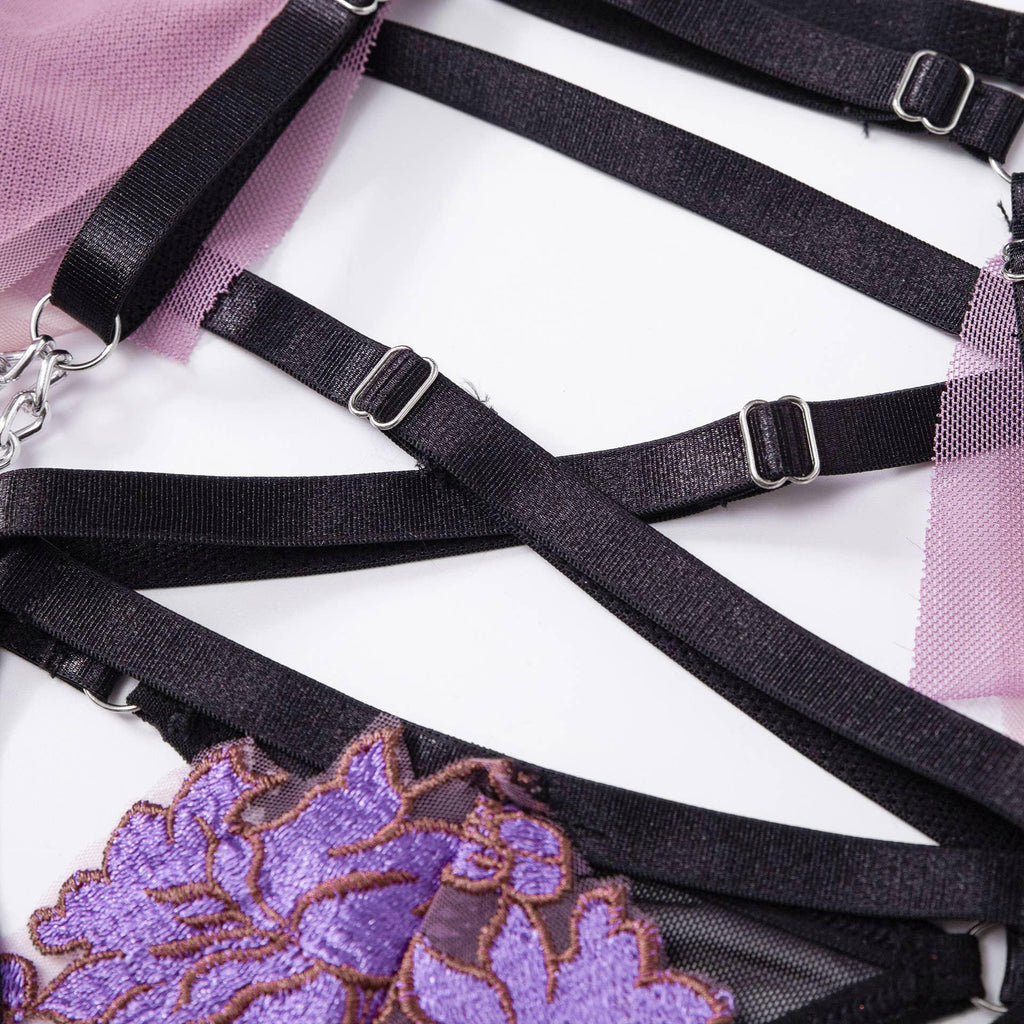 Ladies Violet Embroidery Lingerie Set with Garter Belt 2009