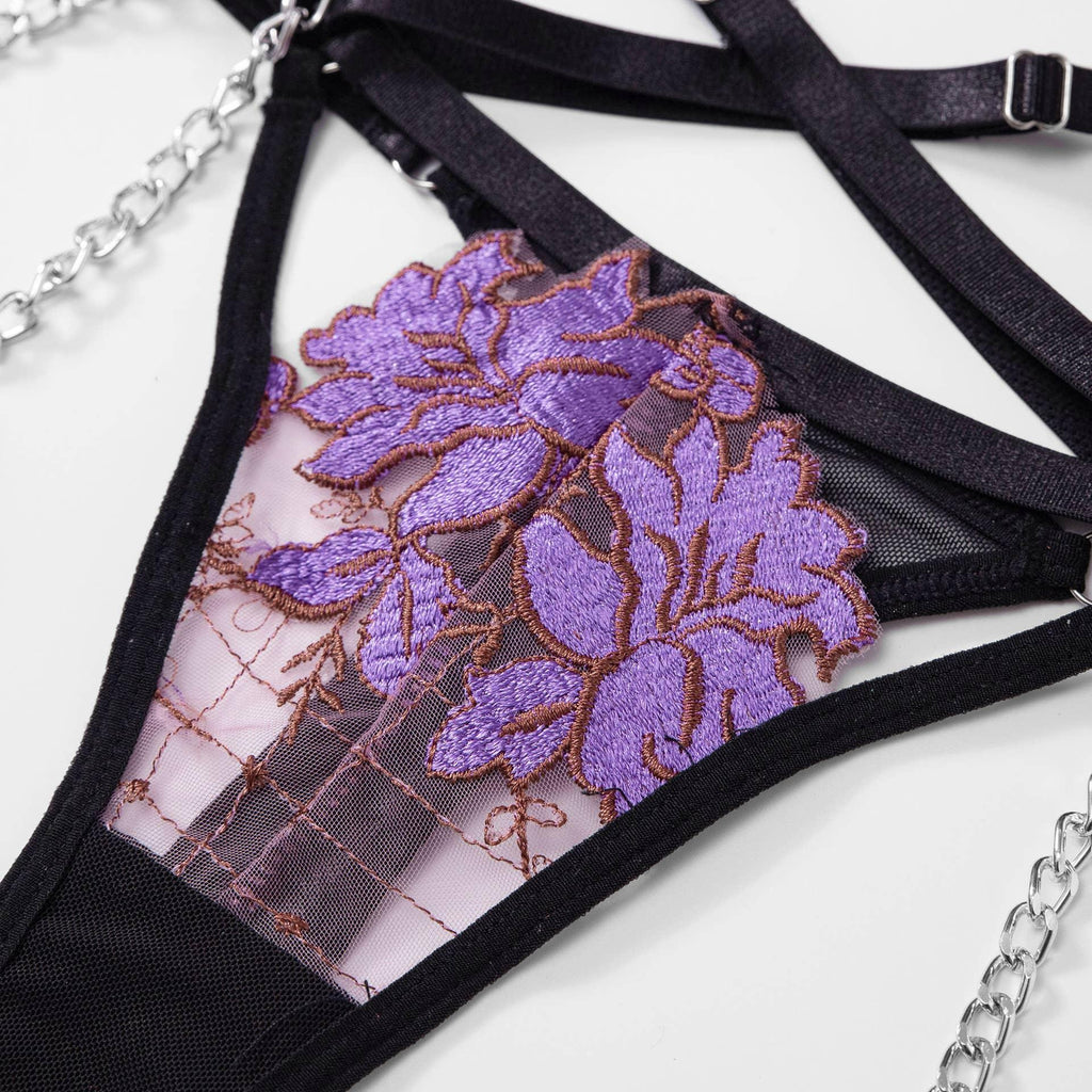 Ladies Violet Embroidery Lingerie Set with Garter Belt 2009