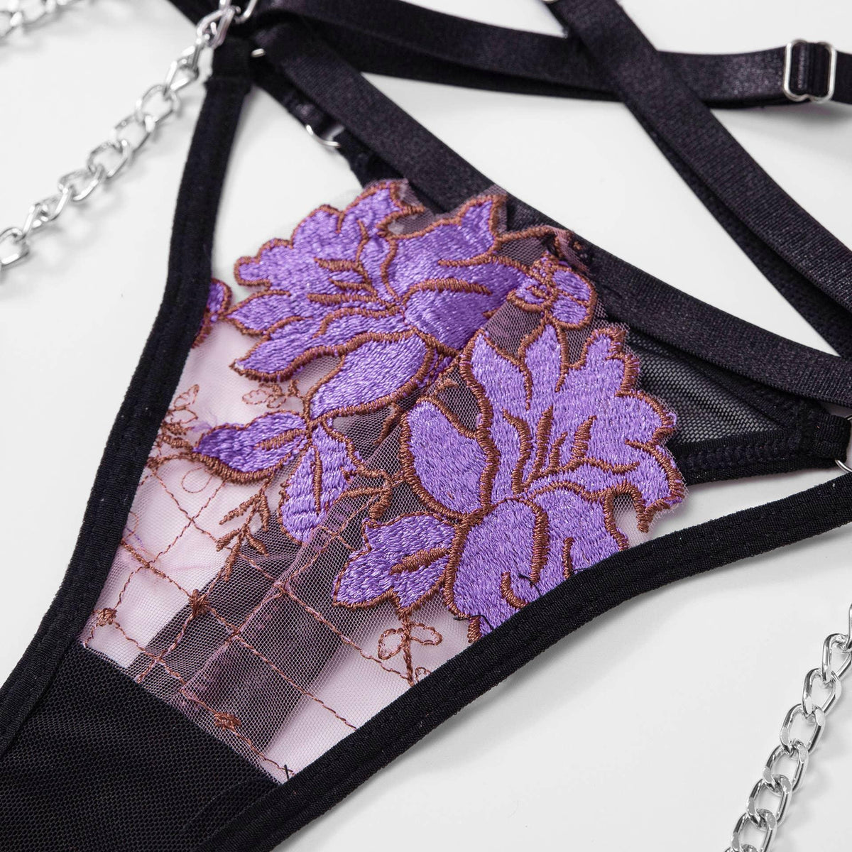 Ladies Violet Embroidery Lingerie Set with Garter Belt 2009