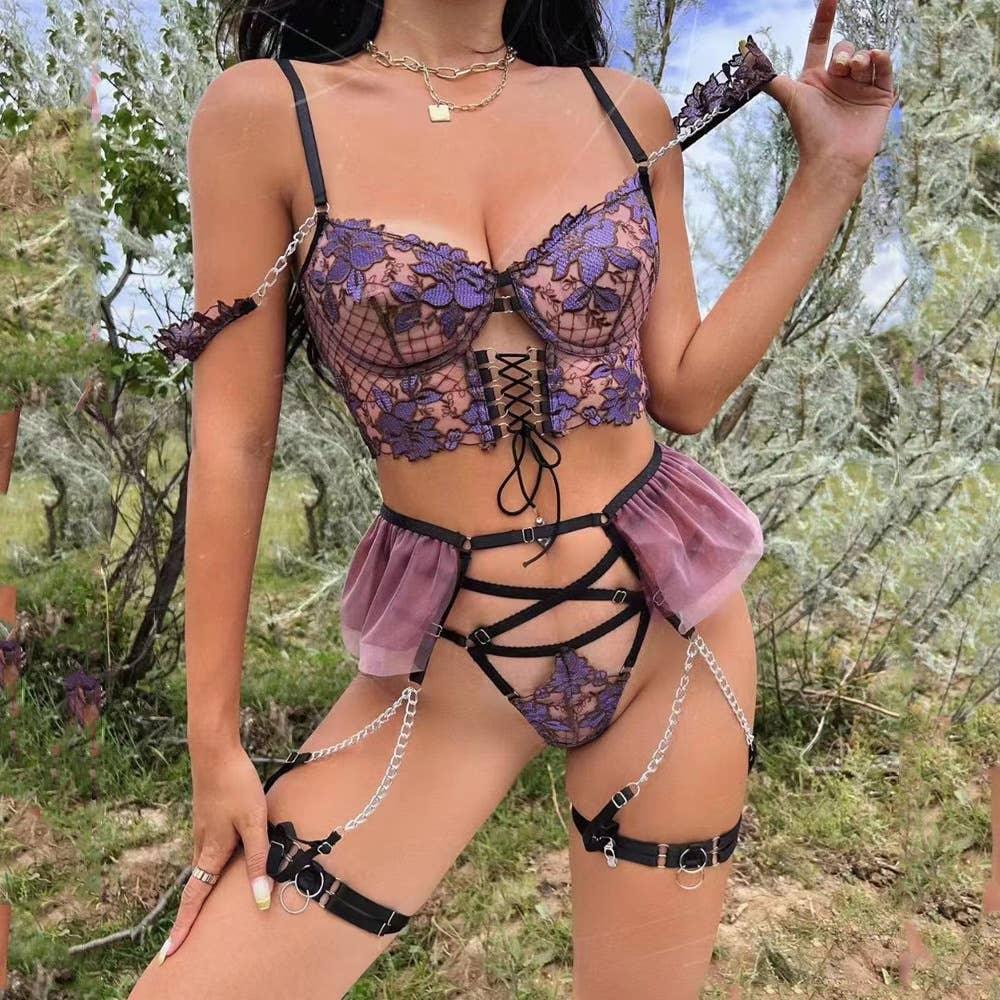 Ladies Violet Embroidery Lingerie Set with Garter Belt 2009