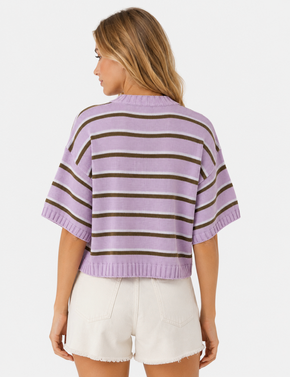 Ladies Horizontal Stripes Crew Neck Short Sleeve Knit Top