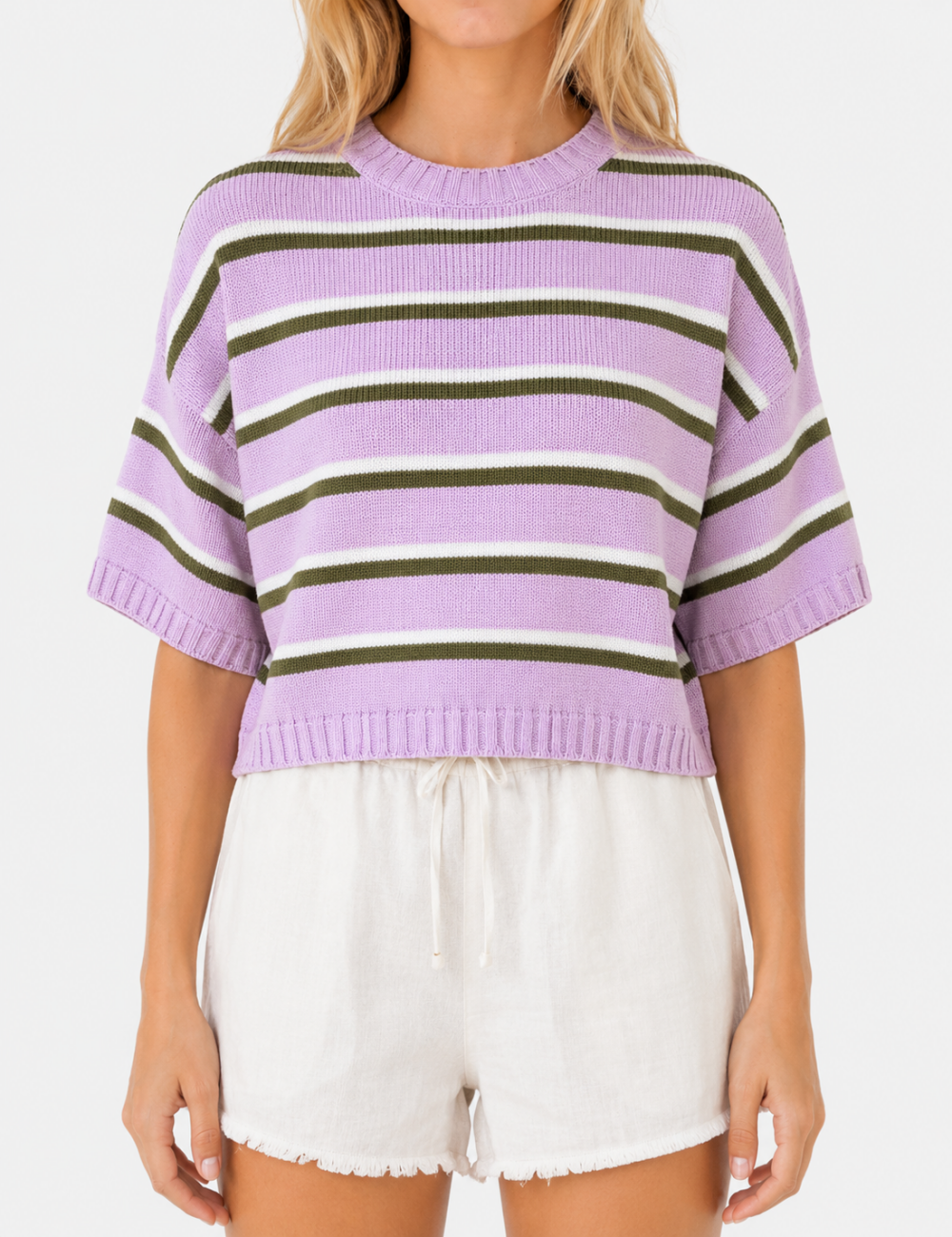 Ladies Horizontal Stripes Crew Neck Short Sleeve Knit Top