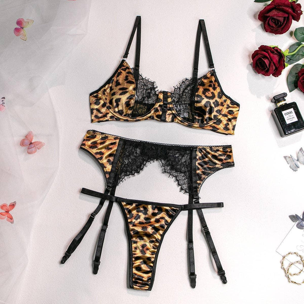 Leopard Print Sexy Lingerie Set with Garter Belt