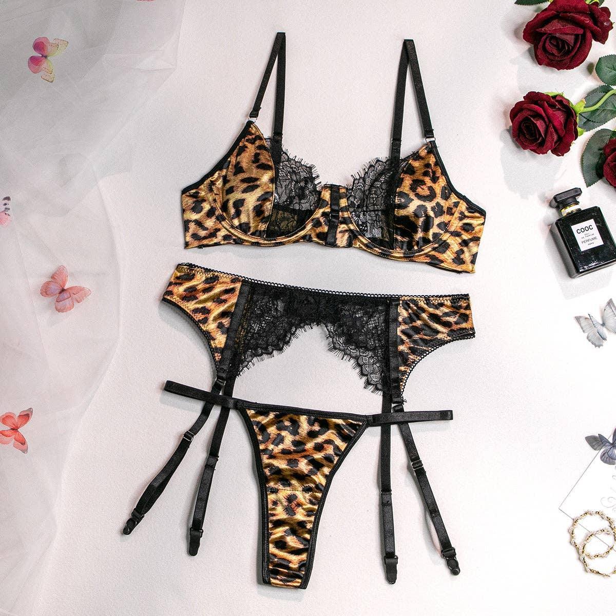 Leopard Print Sexy Lingerie Set with Garter Belt