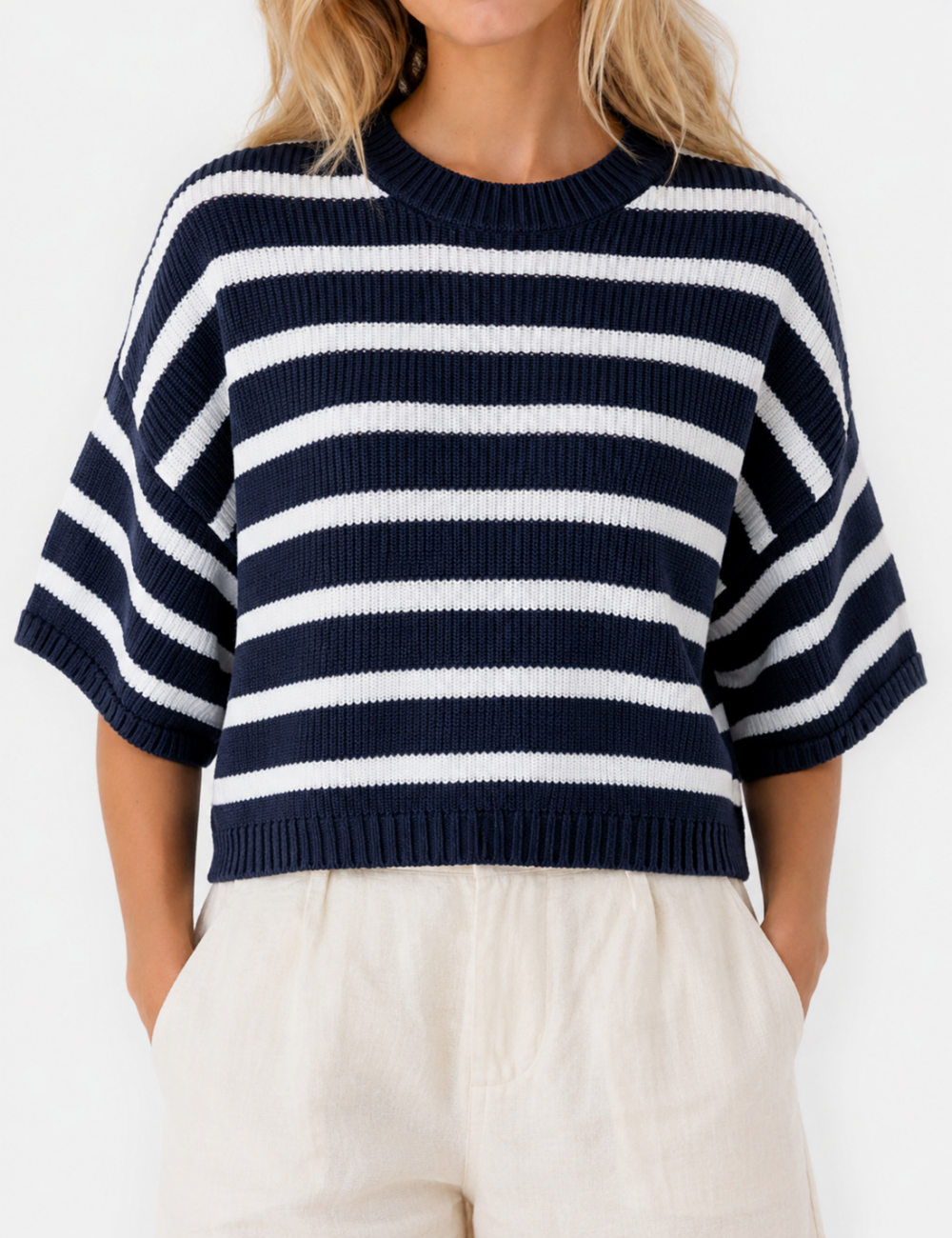 Ladies Horizontal Stripes Crew Neck Short Sleeve Knit Top