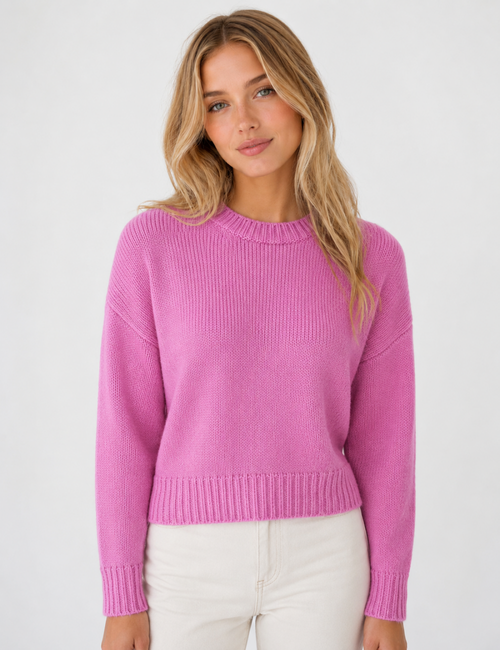 Ladies Crew Neck Cropped Knit Sweater
