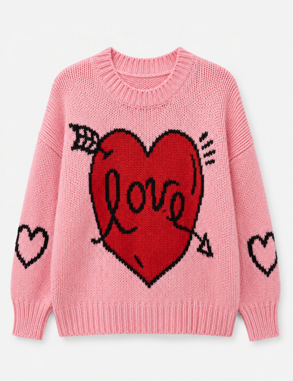 Ladies Love Heart Pattern Crew Neck Knit Sweater