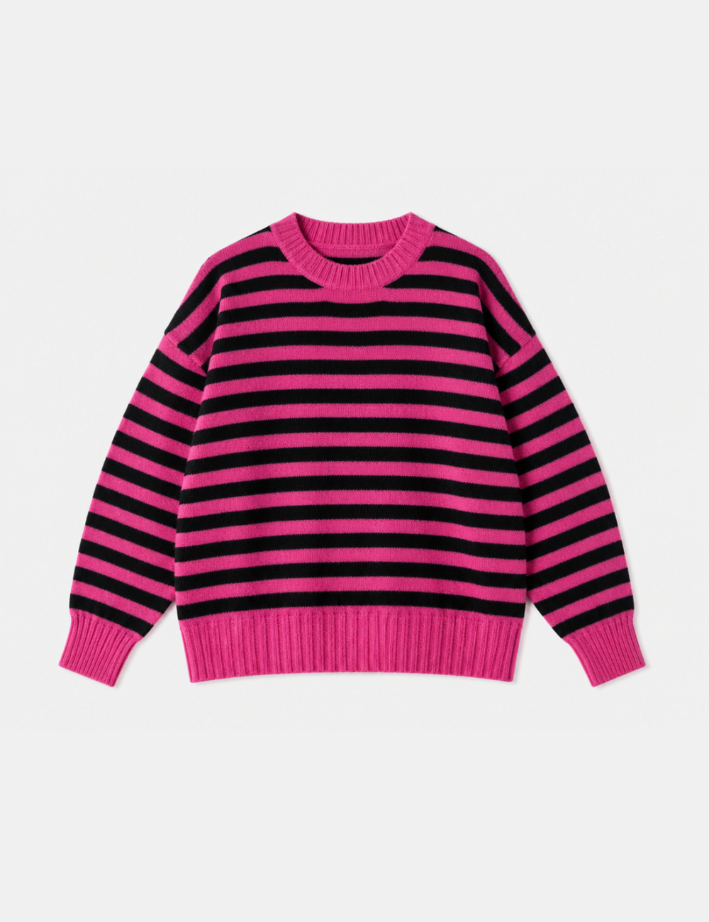 Ladies Horizontal Stripe Crew Neck Drop Shoulder Knit Sweater