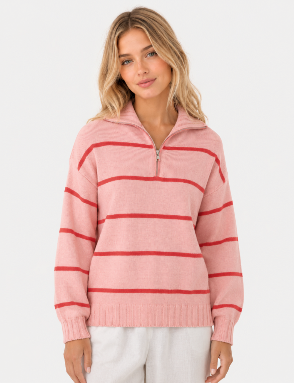 Ladies Horizontal Stripe Half Zip Collar Knit Sweater