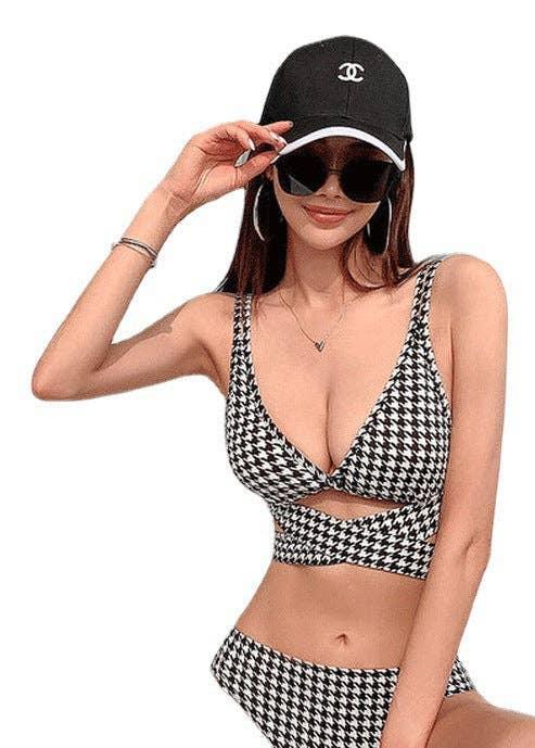Plaid Front Cross Double Shoulder Strap Bikini Swimsuit