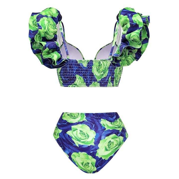 Ruffle Shoulder 2PCS Bikini Set with Skirt/Pants Cover