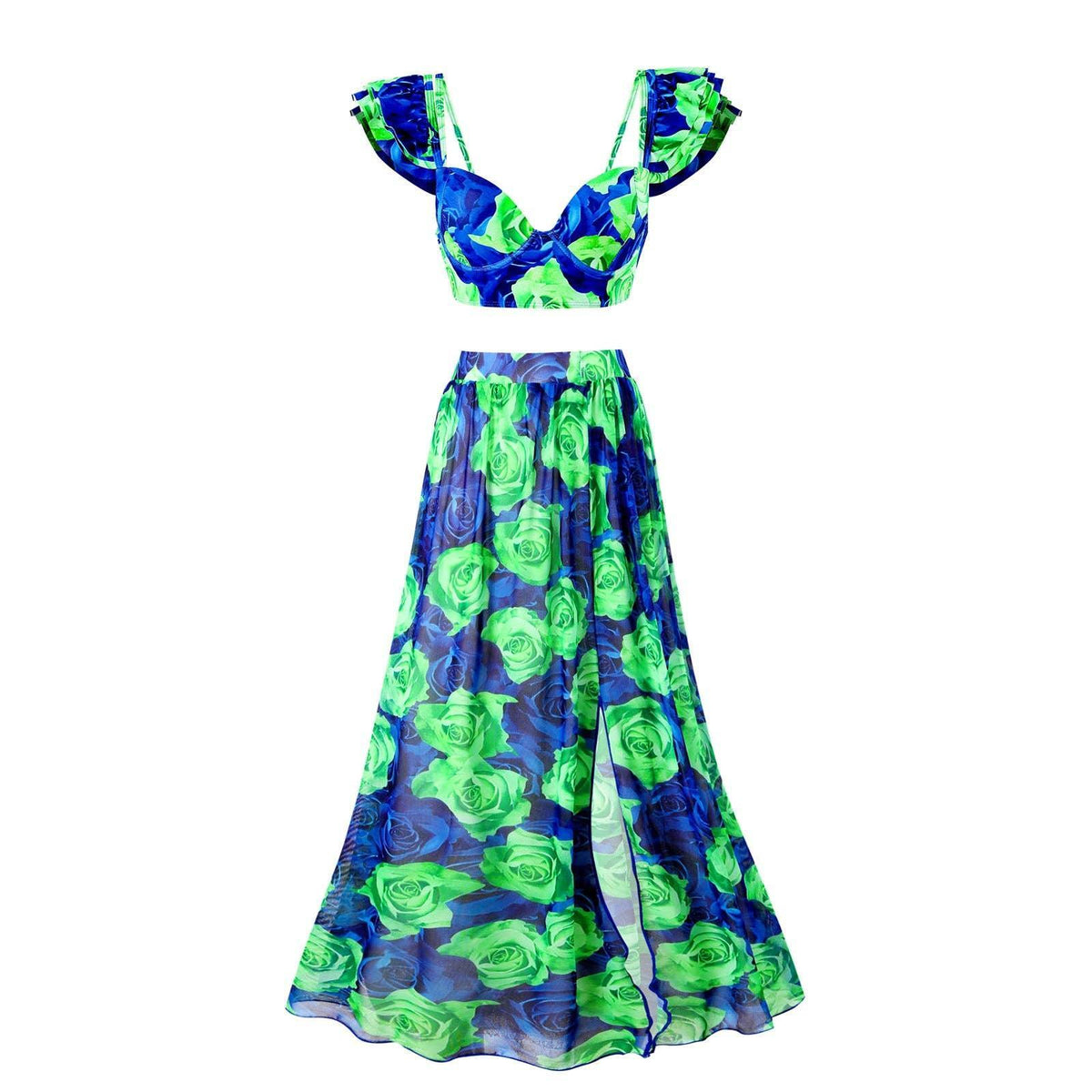 Ruffle Shoulder 2PCS Bikini Set with Skirt/Pants Cover